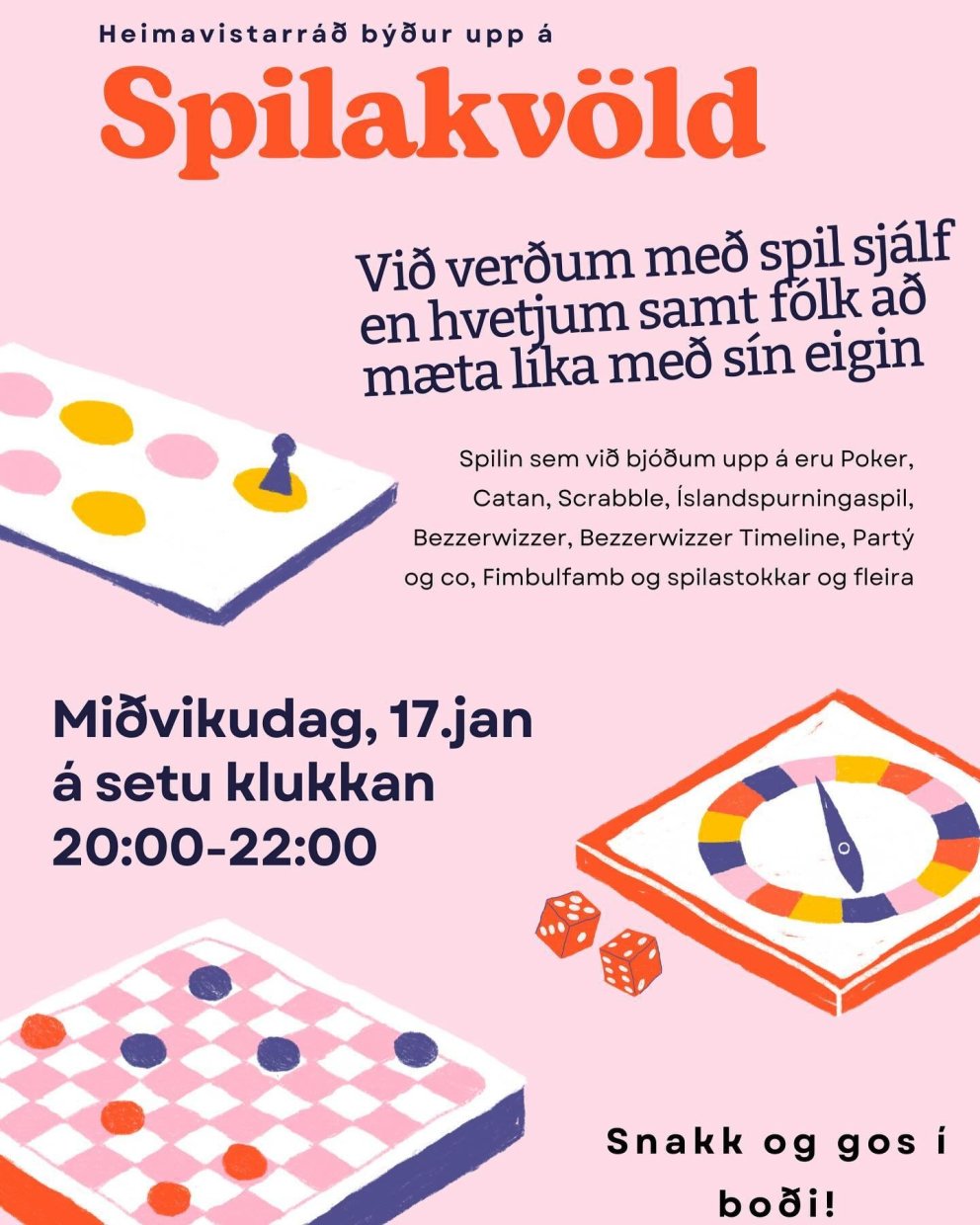 Spilakvöld miðvikudaginn 17. janúar kl. 20:00